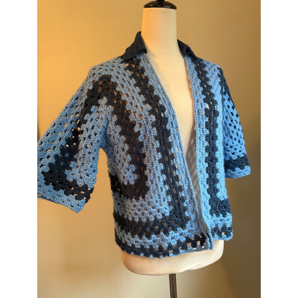 Handmade Blue Crochet Granny Square Cardigan Open Front Boho Sweater whimsi Y2K